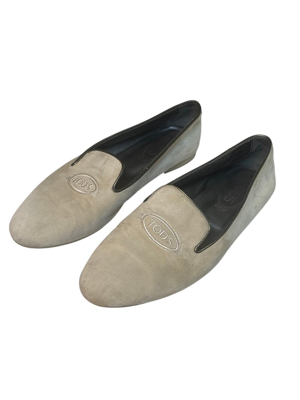 Tods Womens Smoking Slipper Cream Suede Flats Women 38.5 US 8 Minimalist Neutral